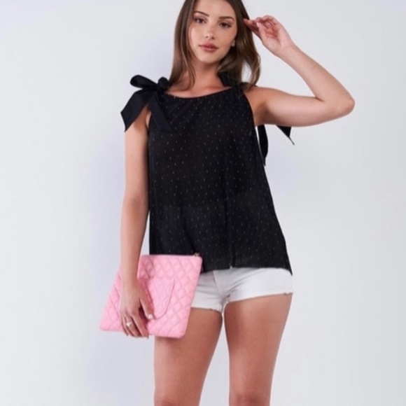 Black ribbed polka dot sleeveless ribbon tie shoulder top Sz XS - Picture 2 of 5